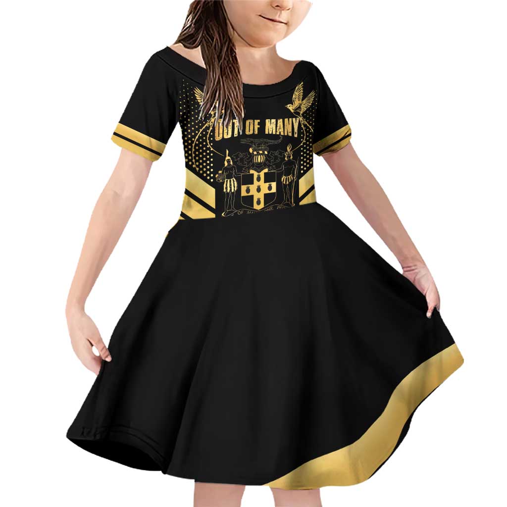 Jamaica Independence Day Family Matching Off Shoulder Short Dress and Hawaiian Shirt Out Of Many One People Gold Color