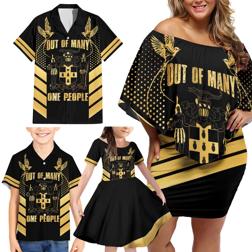 Jamaica Independence Day Family Matching Off Shoulder Short Dress and Hawaiian Shirt Out Of Many One People Gold Color