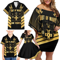 Jamaica Independence Day Family Matching Off Shoulder Short Dress and Hawaiian Shirt Out Of Many One People Gold Color