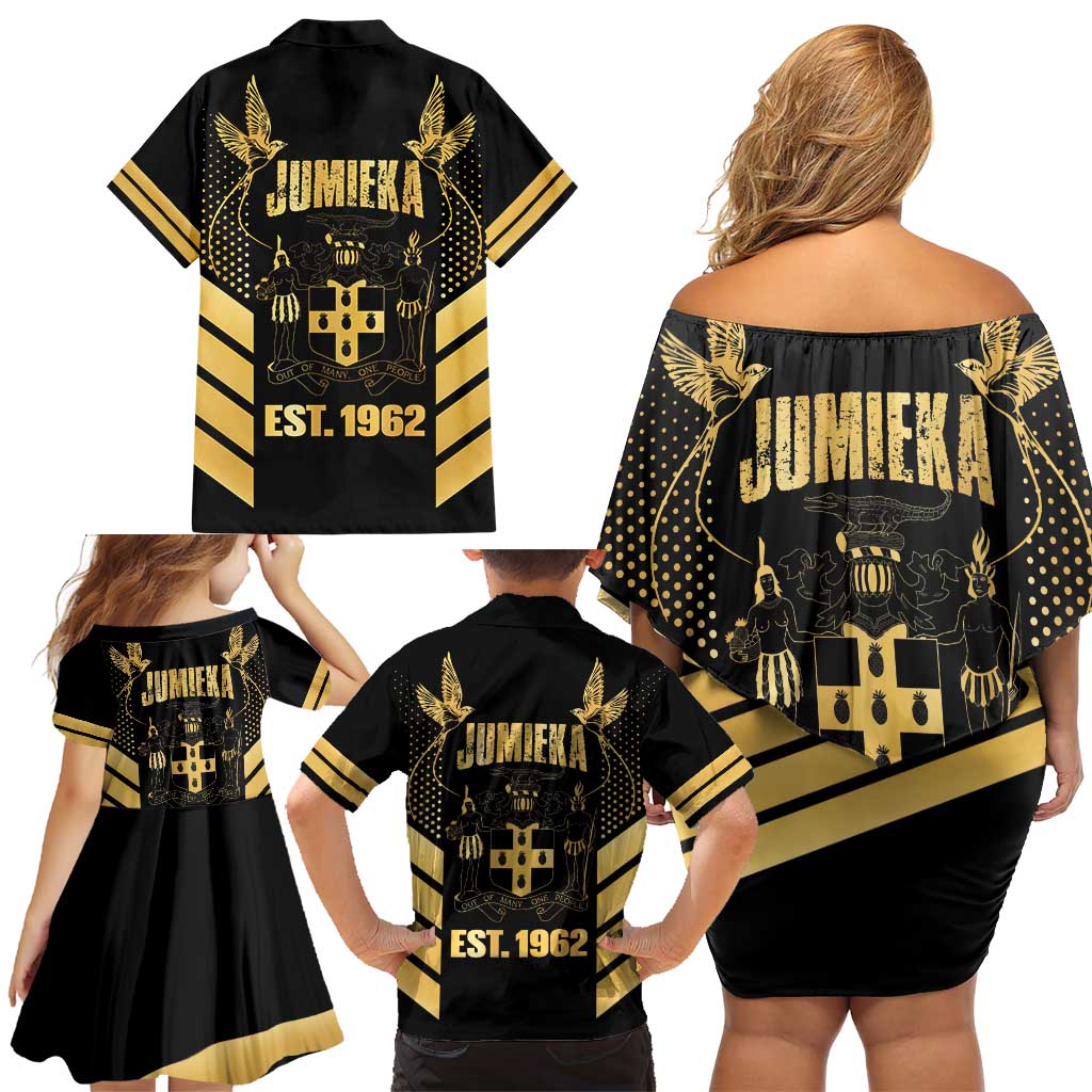 Jamaica Independence Day Family Matching Off Shoulder Short Dress and Hawaiian Shirt Out Of Many One People Gold Color