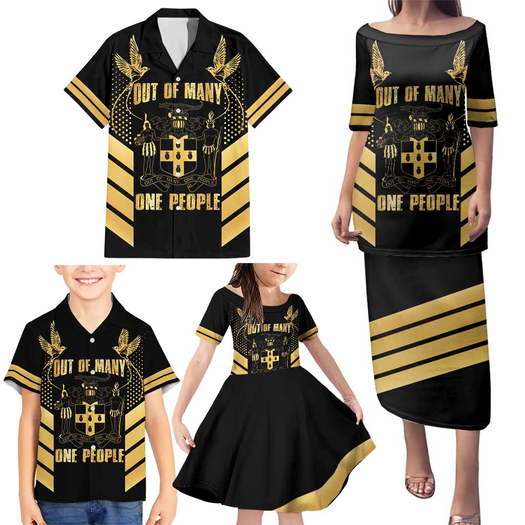 Jamaica Independence Day Family Matching Puletasi and Hawaiian Shirt Out Of Many One People Gold Color