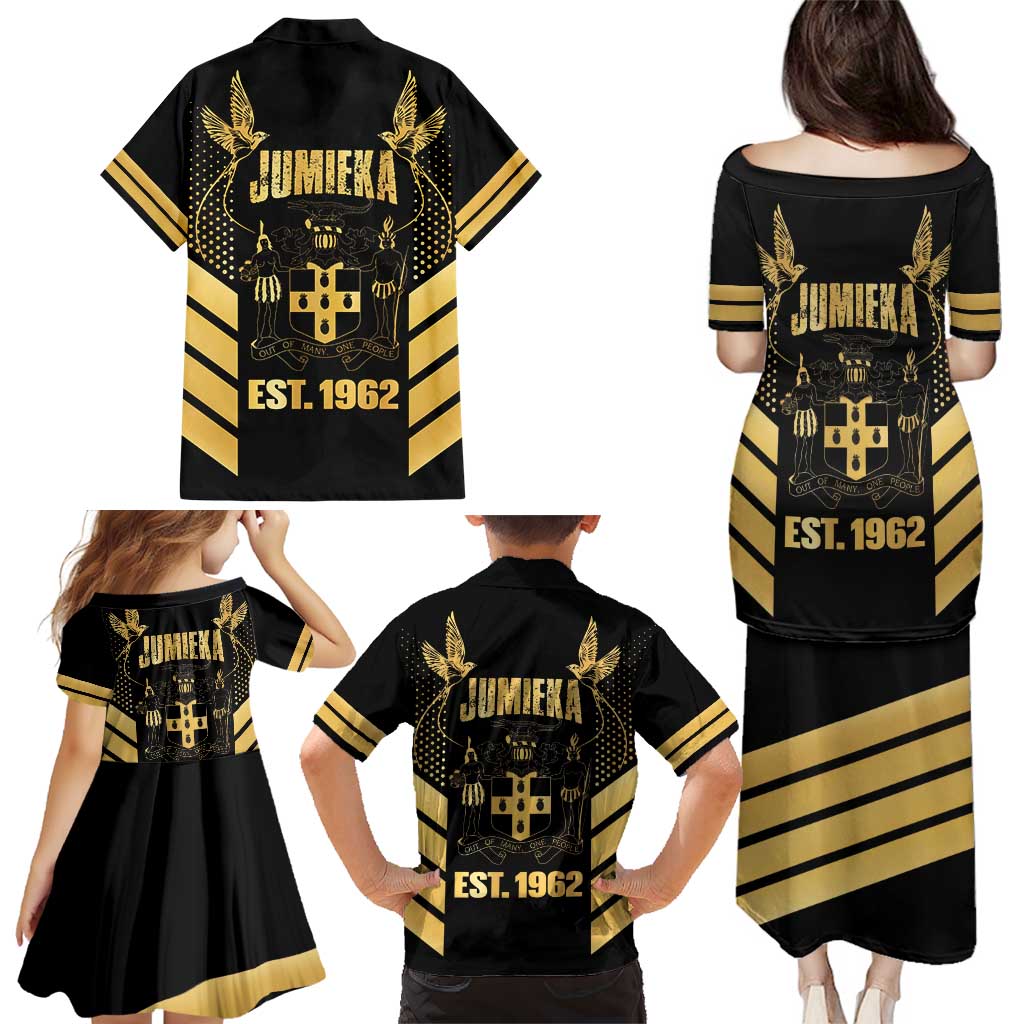 Jamaica Independence Day Family Matching Puletasi and Hawaiian Shirt Out Of Many One People Gold Color