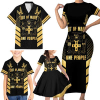 Jamaica Independence Day Family Matching Short Sleeve Bodycon Dress and Hawaiian Shirt Out Of Many One People Gold Color