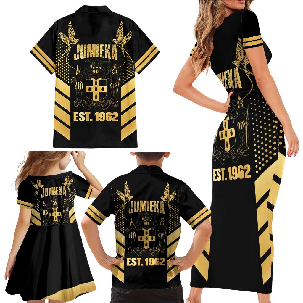 Jamaica Independence Day Family Matching Short Sleeve Bodycon Dress and Hawaiian Shirt Out Of Many One People Gold Color