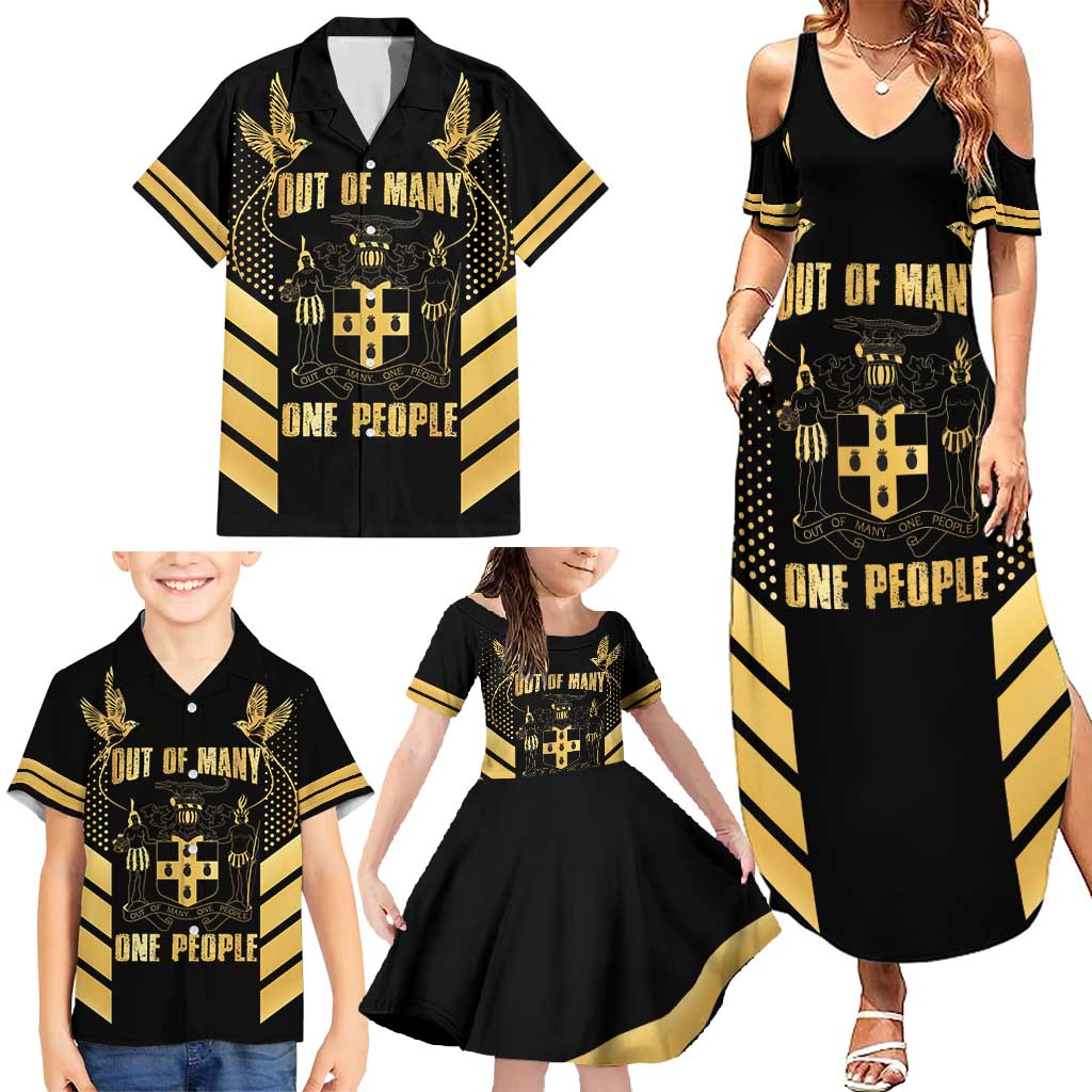 Jamaica Independence Day Family Matching Summer Maxi Dress and Hawaiian Shirt Out Of Many One People Gold Color