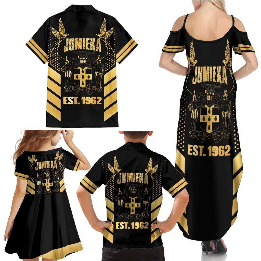 Jamaica Independence Day Family Matching Summer Maxi Dress and Hawaiian Shirt Out Of Many One People Gold Color