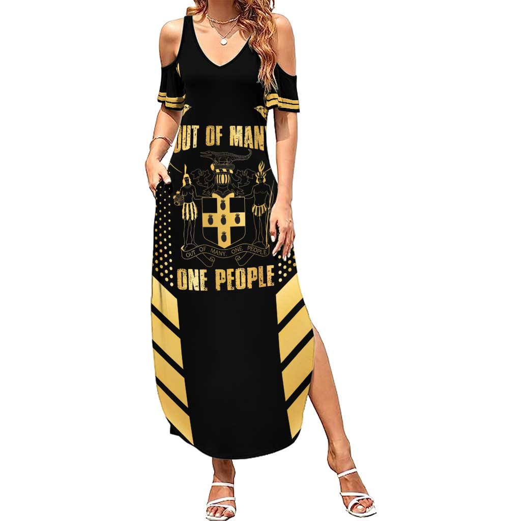 Jamaica Independence Day Family Matching Summer Maxi Dress and Hawaiian Shirt Out Of Many One People Gold Color