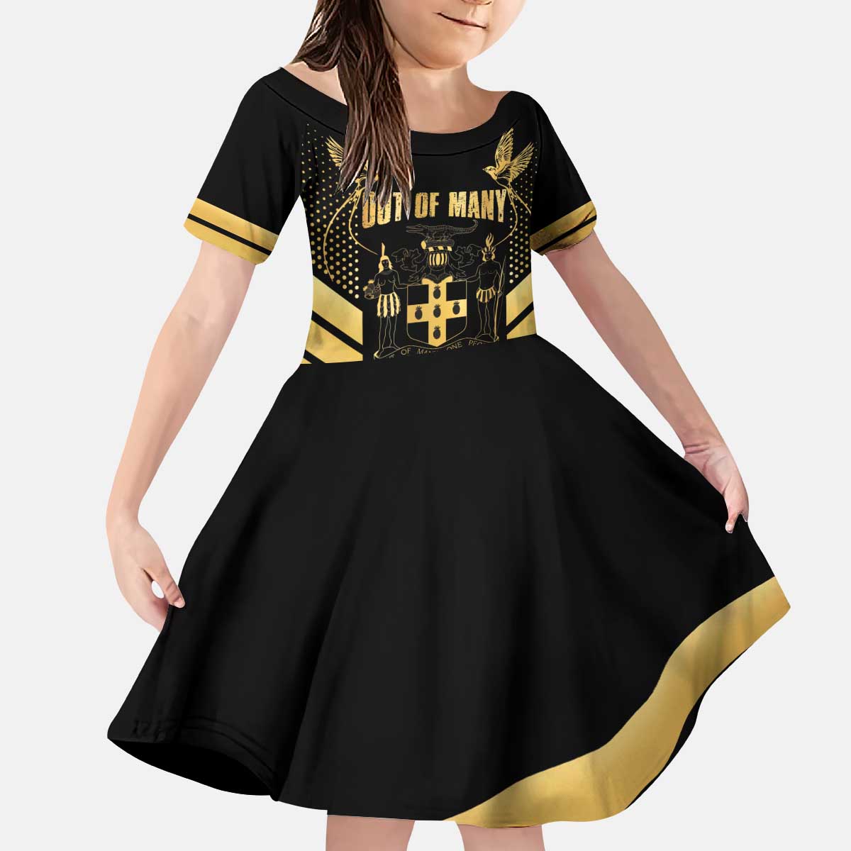 Jamaica Independence Day Kid Short Sleeve Dress Out Of Many One People Gold Color