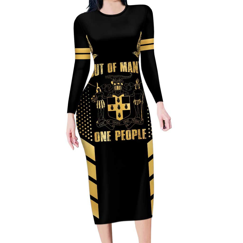 Jamaica Independence Day Long Sleeve Bodycon Dress Out Of Many One People Gold Color