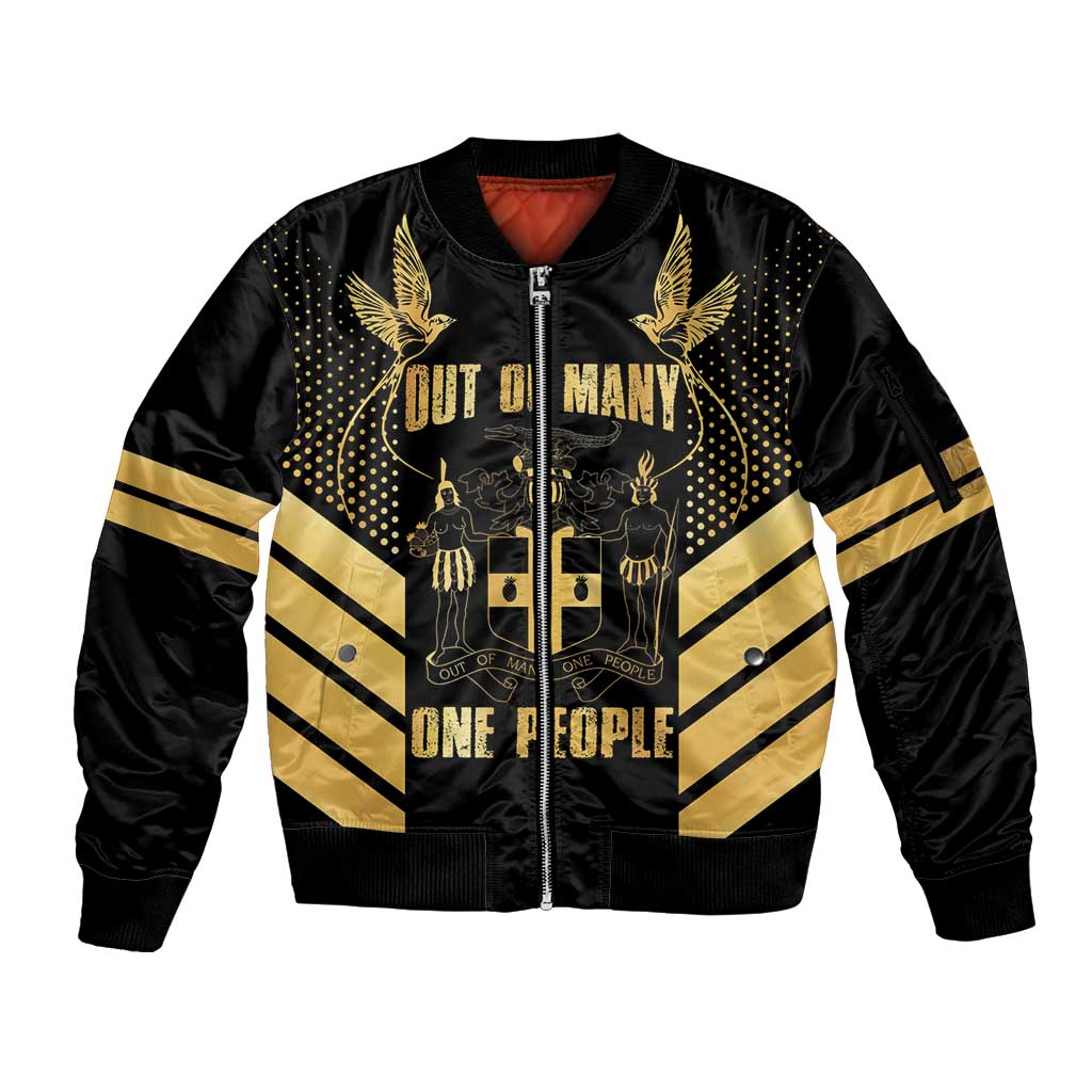 Jamaica Independence Day Sleeve Zip Bomber Jacket Out Of Many One People Gold Color