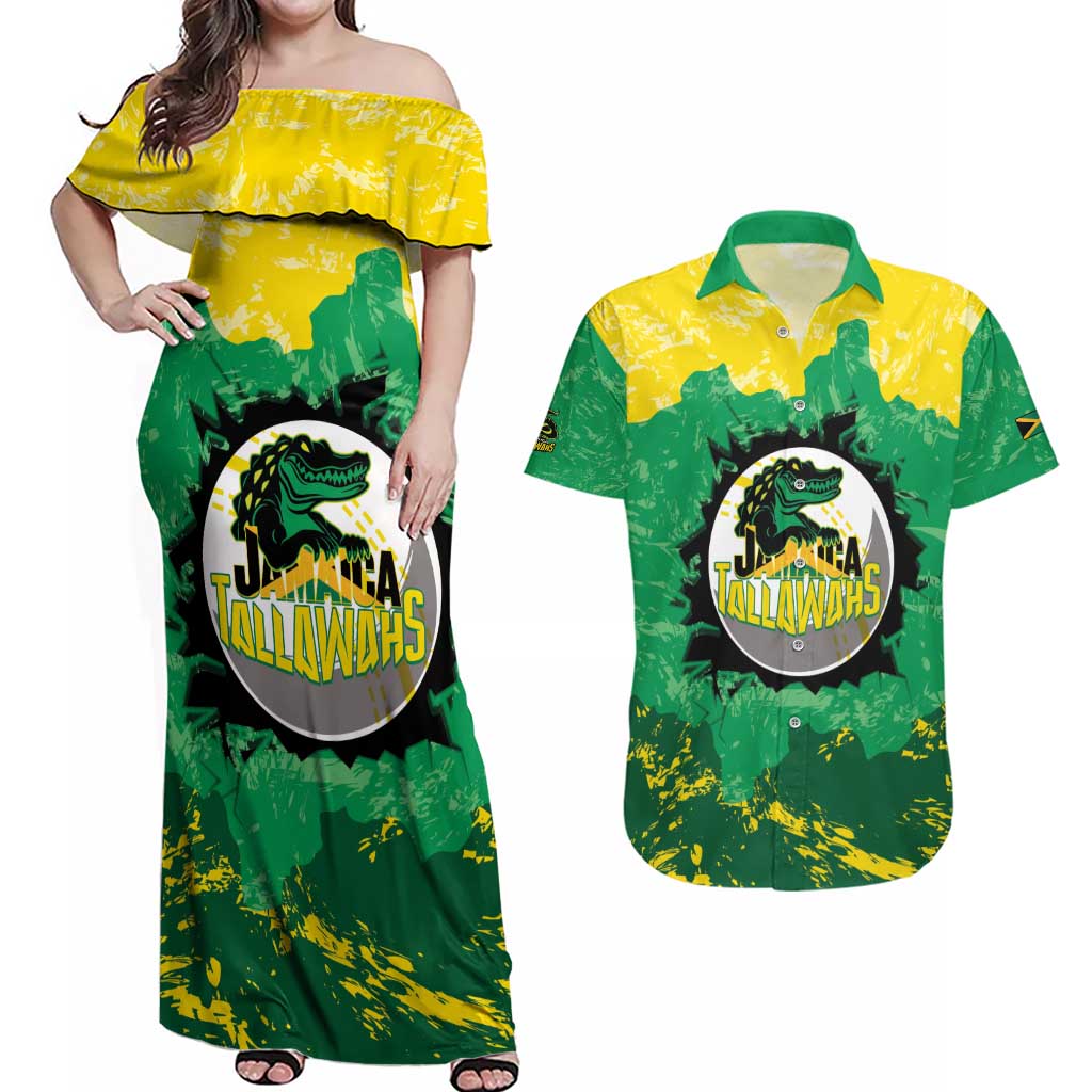 Custom Jamaica Cricket Couples Matching Off Shoulder Maxi Dress and Hawaiian Shirt Go Champions Tallawahs Grunge Style