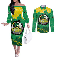 Custom Jamaica Cricket Couples Matching Off The Shoulder Long Sleeve Dress and Long Sleeve Button Shirt Go Champions Tallawahs Grunge Style