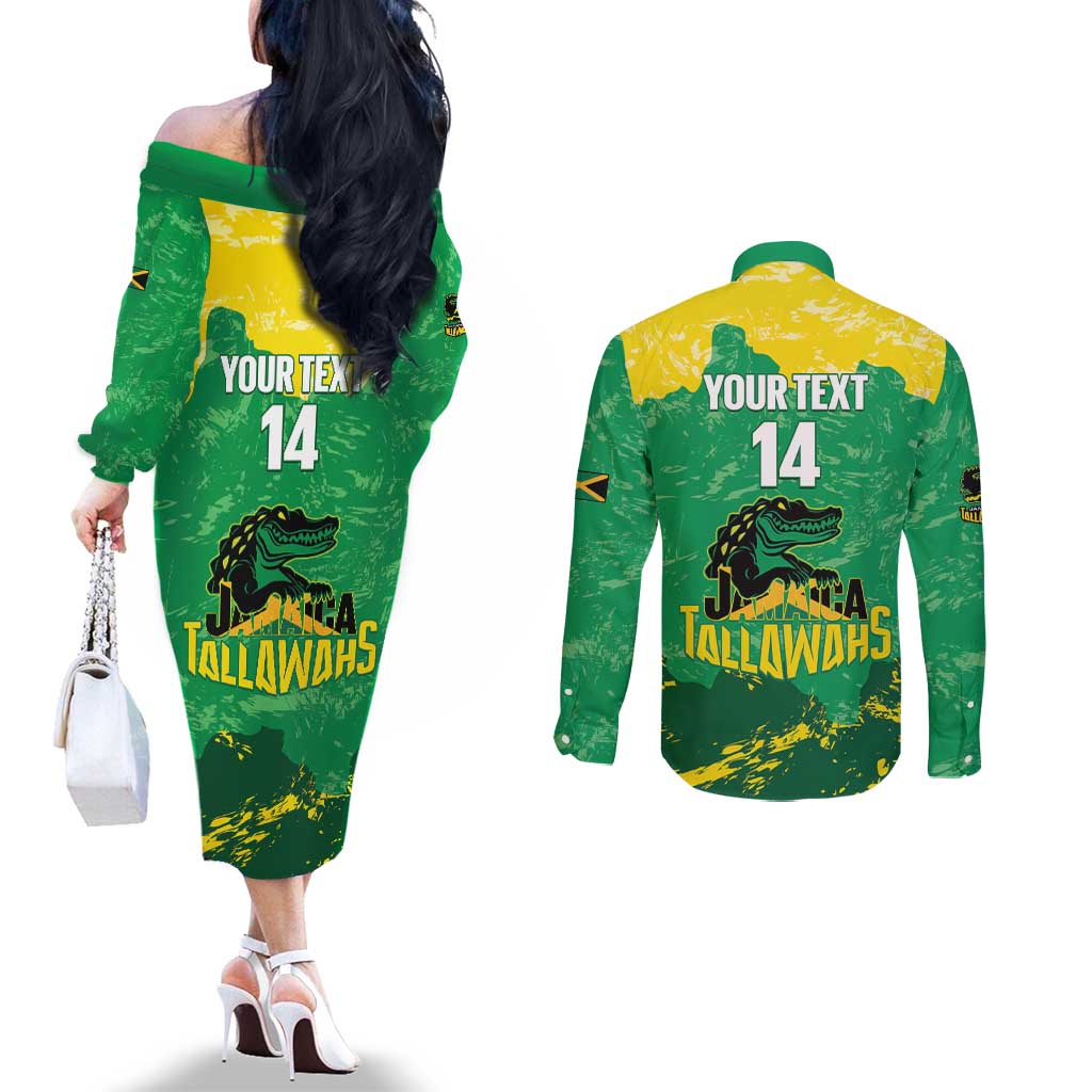 Custom Jamaica Cricket Couples Matching Off The Shoulder Long Sleeve Dress and Long Sleeve Button Shirt Go Champions Tallawahs Grunge Style