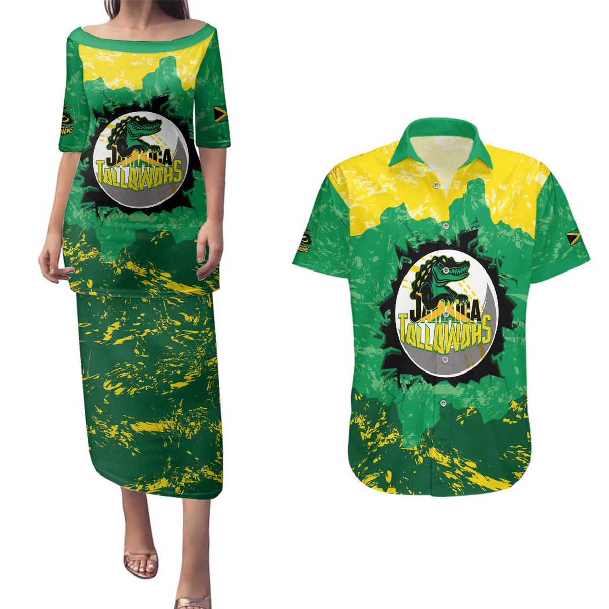 Custom Jamaica Cricket Couples Matching Puletasi and Hawaiian Shirt Go Champions Tallawahs Grunge Style