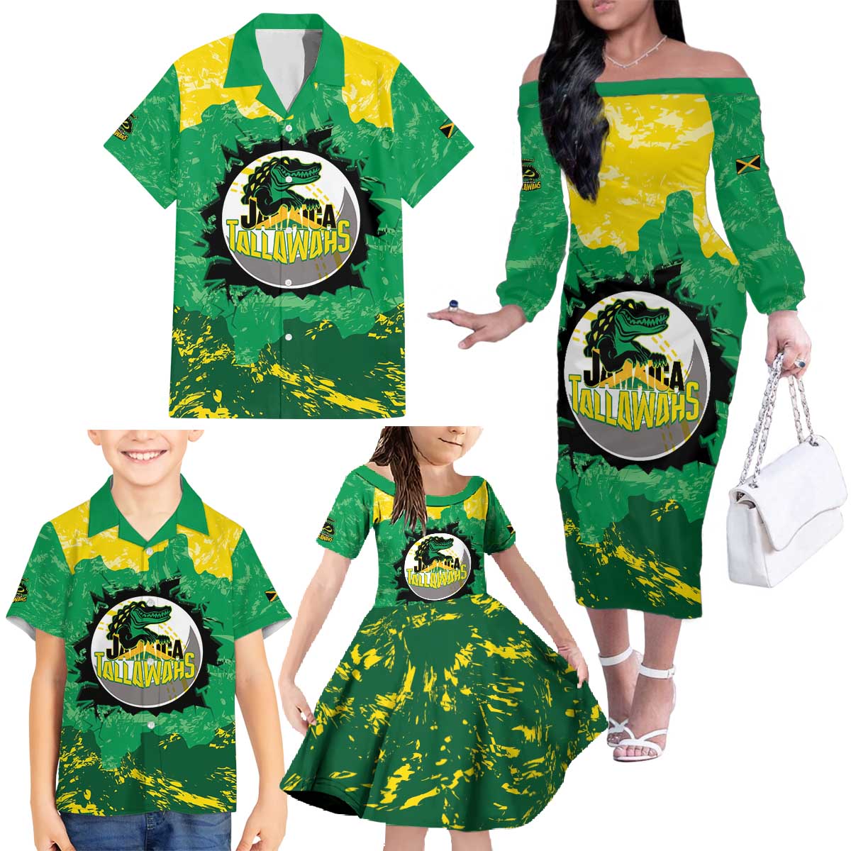 Custom Jamaica Cricket Family Matching Off The Shoulder Long Sleeve Dress and Hawaiian Shirt Go Champions Tallawahs Grunge Style