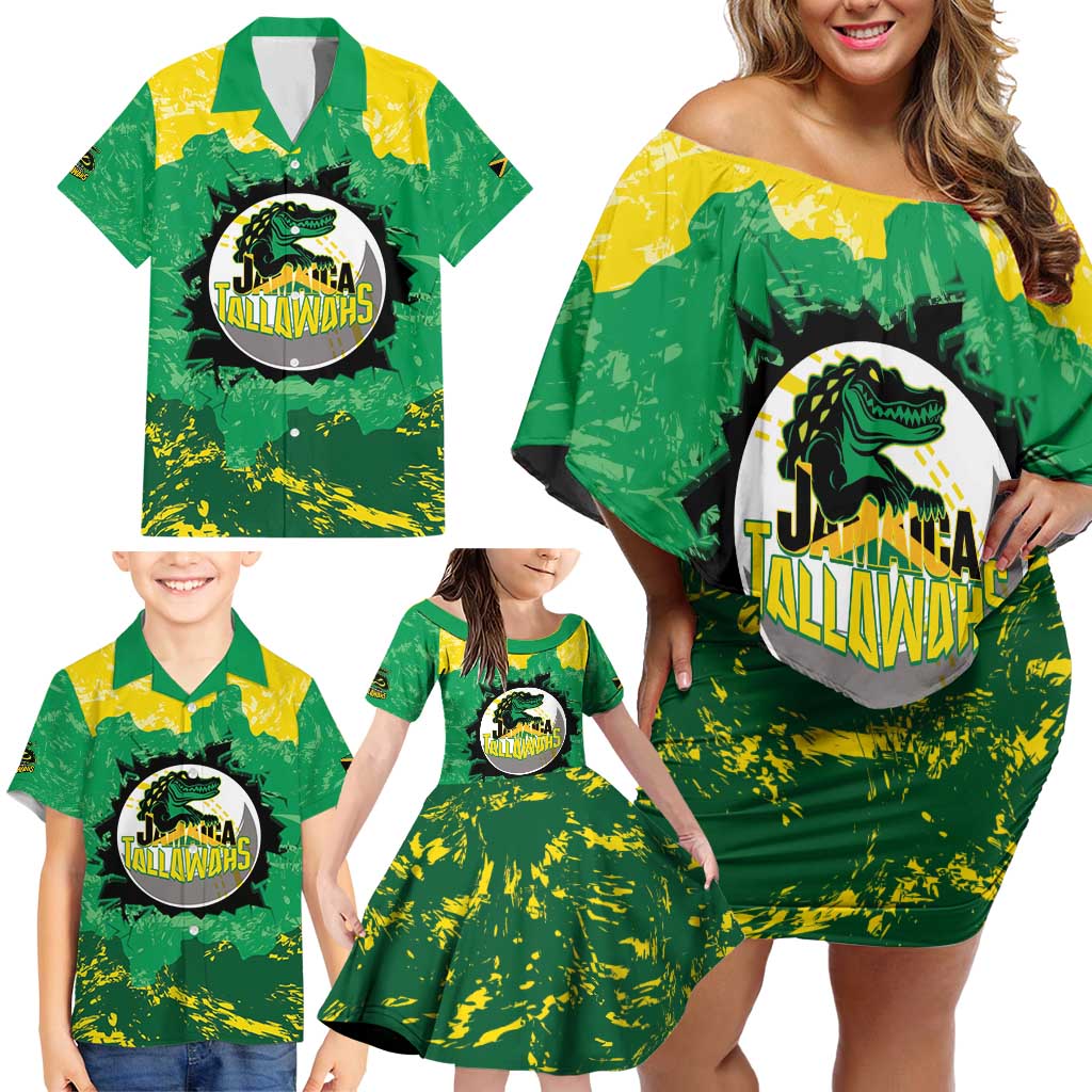 Custom Jamaica Cricket Family Matching Off Shoulder Short Dress and Hawaiian Shirt Go Champions Tallawahs Grunge Style