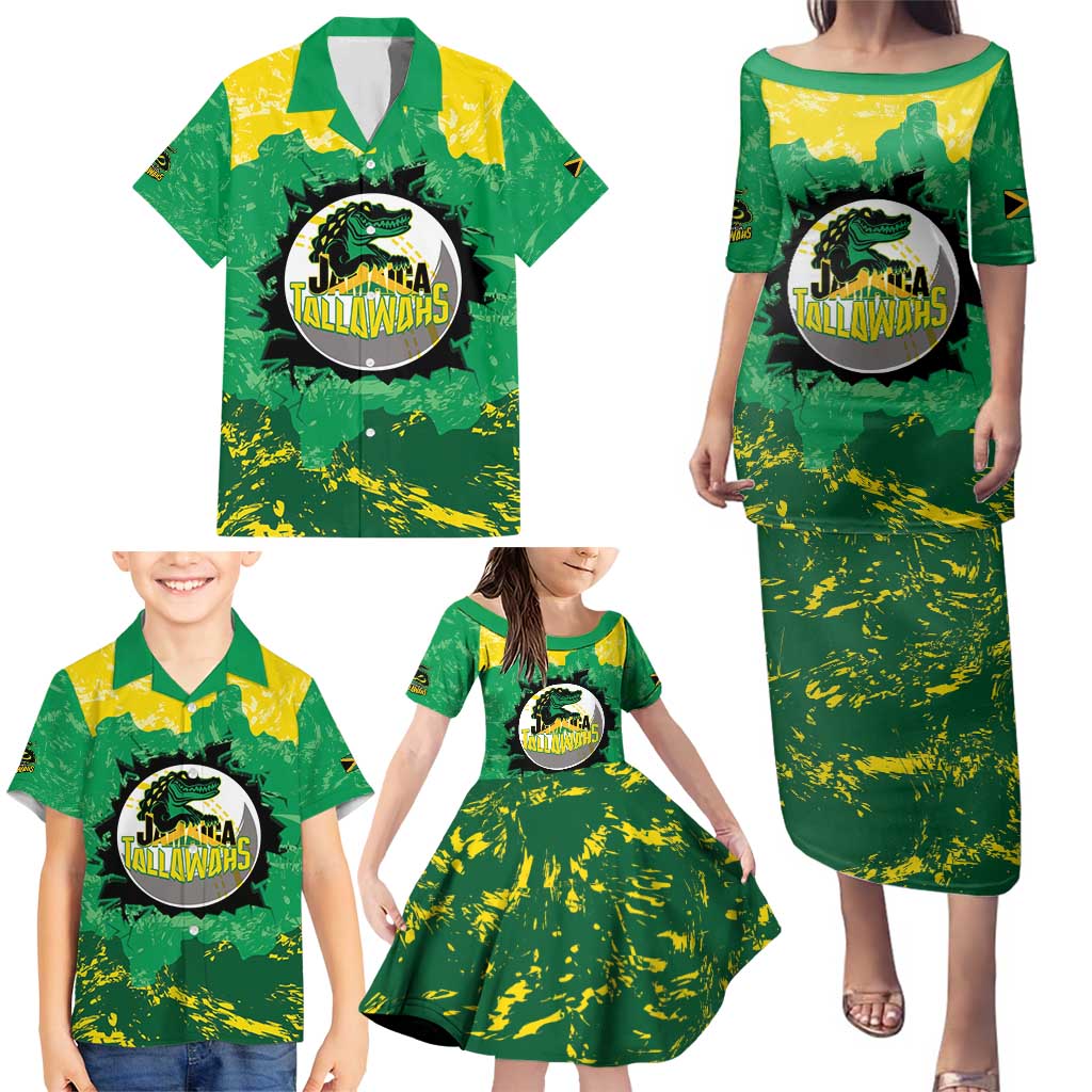 Custom Jamaica Cricket Family Matching Puletasi and Hawaiian Shirt Go Champions Tallawahs Grunge Style