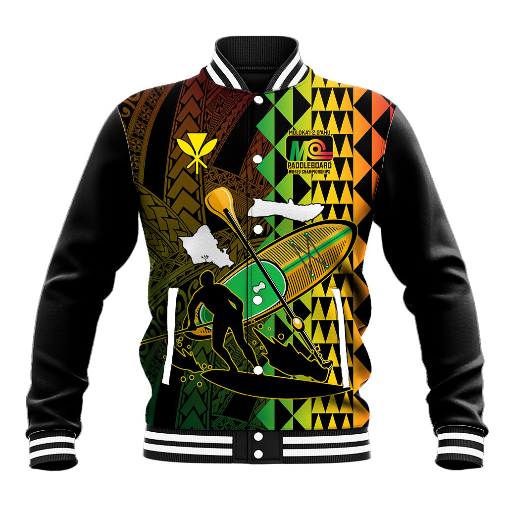 Paddle Board Hawaii Baseball Jacket Molokai 2 Oahu World Championships Kakau Pattern - Wonder Print Shop