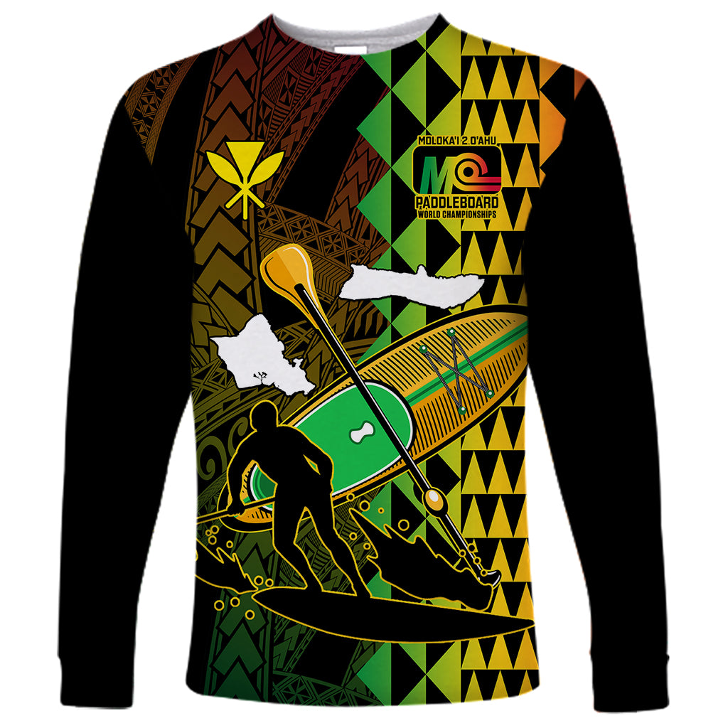 Paddle Board Hawaii Long Sleeve Shirt Molokai 2 Oahu World Championships Kakau Pattern - Wonder Print Shop