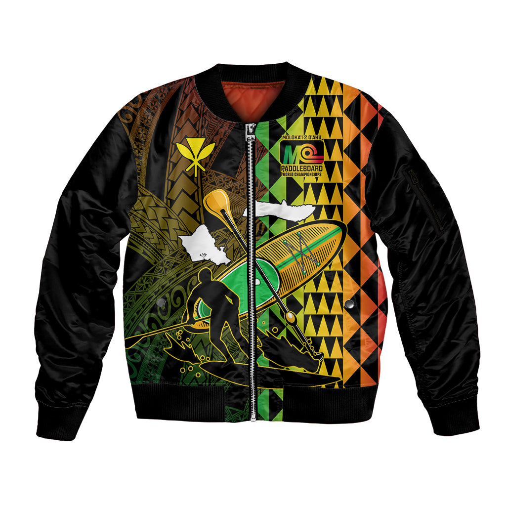 Paddle Board Hawaii Sleeve Zip Bomber Jacket Molokai 2 Oahu World Championships Kakau Pattern - Wonder Print Shop