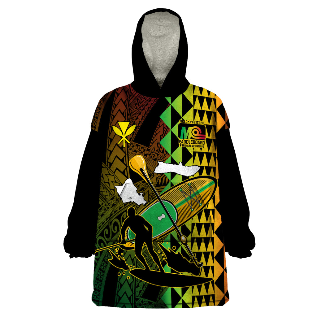 Paddle Board Hawaii Wearable Blanket Hoodie Molokai 2 Oahu World Championships Kakau Pattern - Wonder Print Shop