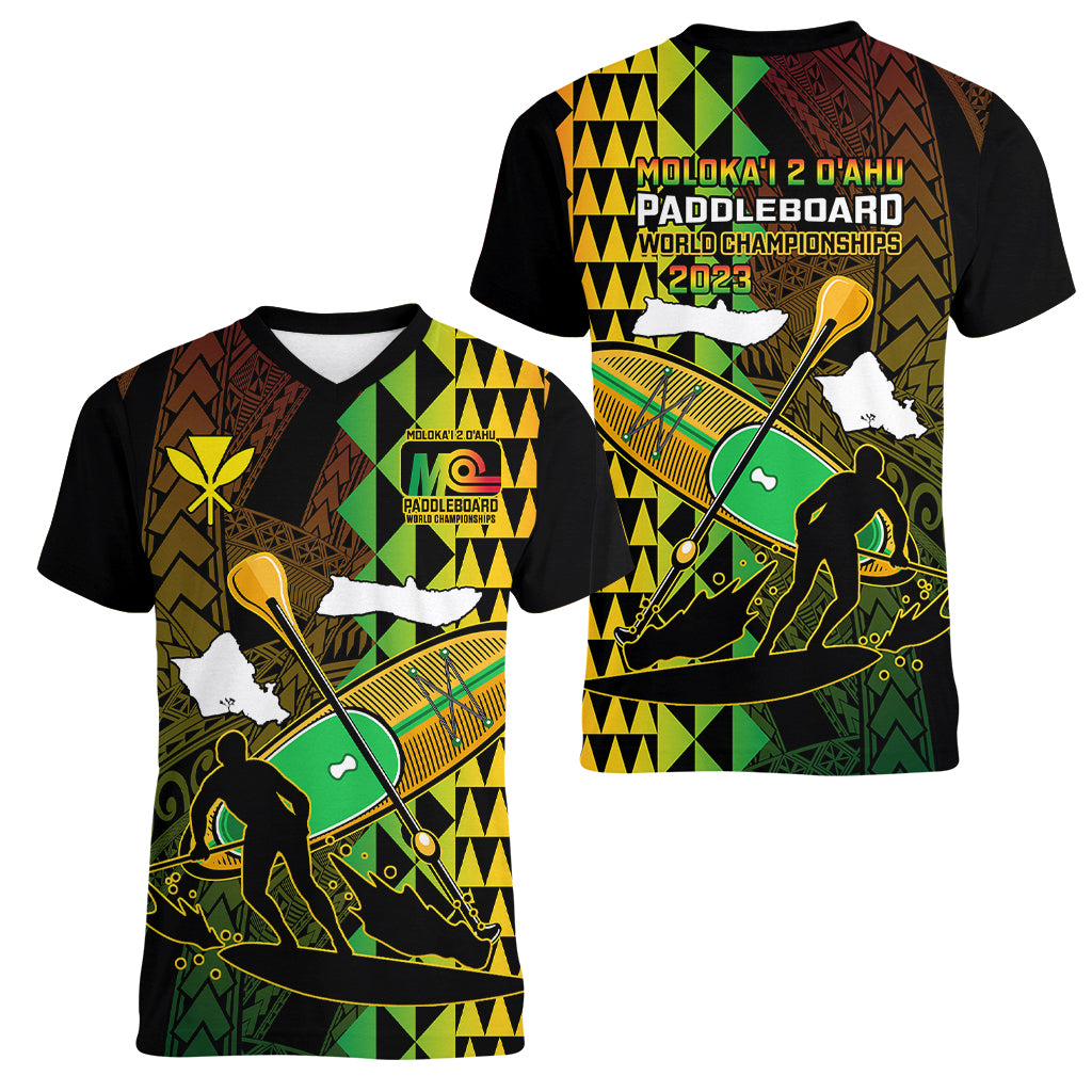 Paddle Board Hawaii Women V Neck T Shirt Molokai 2 Oahu World Championships Kakau Pattern - Wonder Print Shop