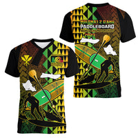 Paddle Board Hawaii Women V Neck T Shirt Molokai 2 Oahu World Championships Kakau Pattern - Wonder Print Shop