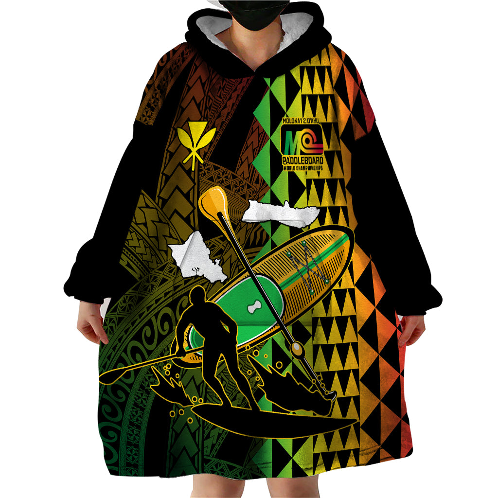 Personalised Paddle Board Hawaii Wearable Blanket Hoodie Molokai 2 Oahu World Championships Kakau Pattern - Wonder Print Shop