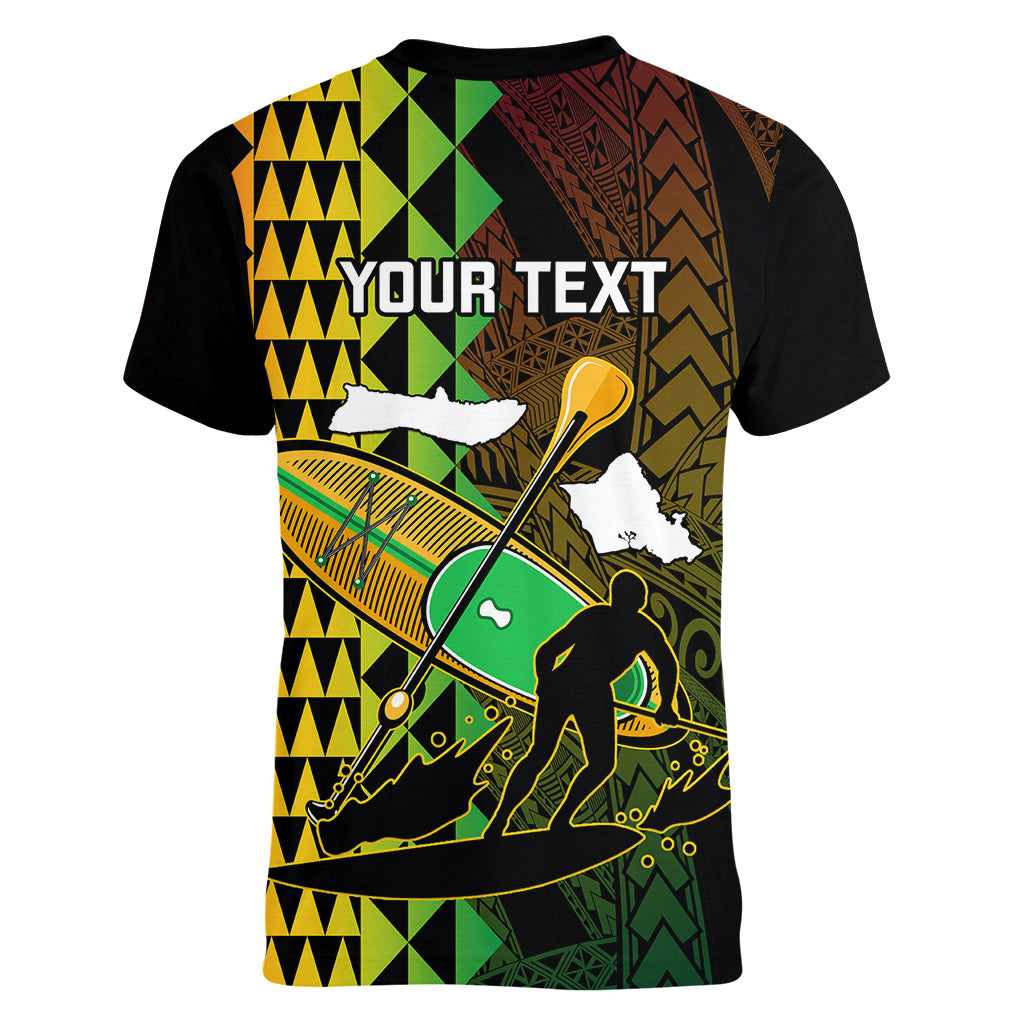 Personalised Paddle Board Hawaii Women V Neck T Shirt Molokai 2 Oahu World Championships Kakau Pattern - Wonder Print Shop