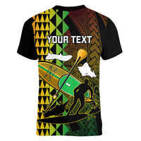 Personalised Paddle Board Hawaii Women V Neck T Shirt Molokai 2 Oahu World Championships Kakau Pattern - Wonder Print Shop