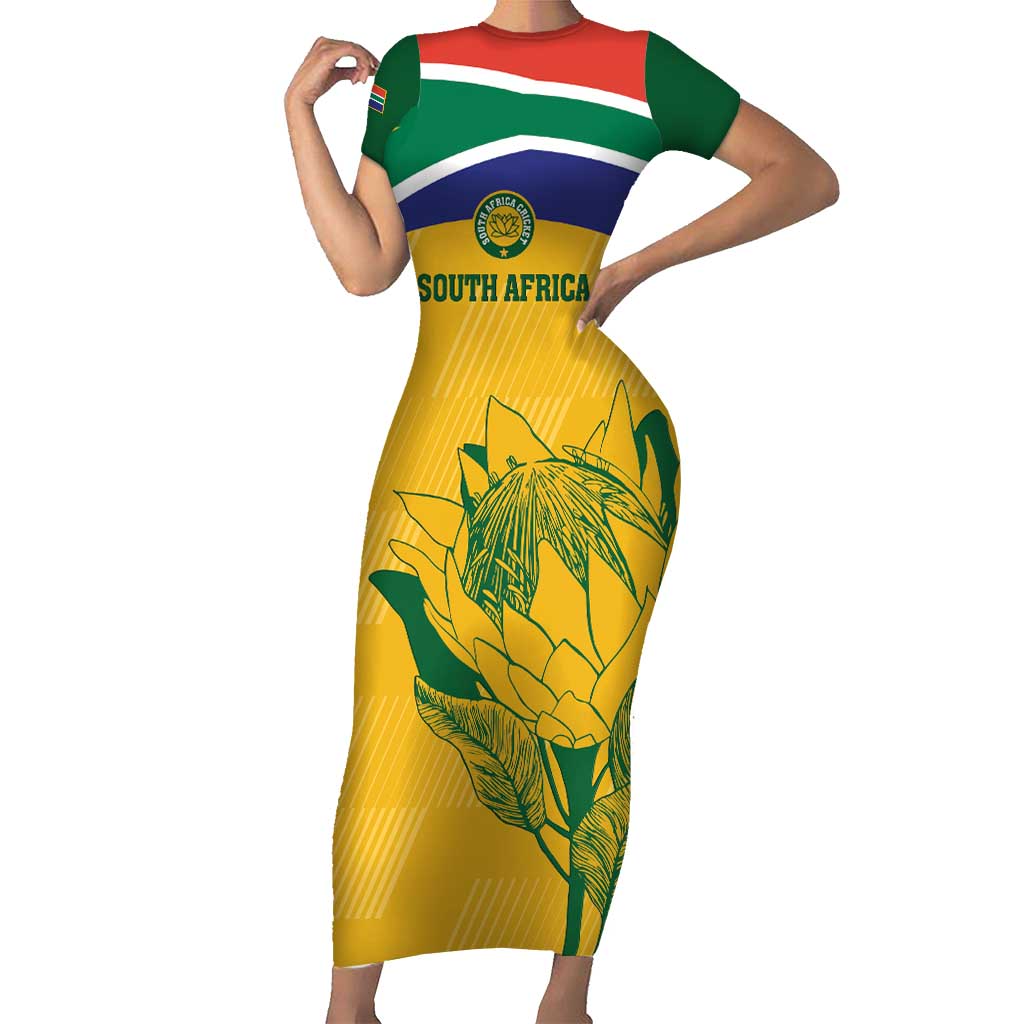 Custom South Africa Cricket Family Matching Short Sleeve Bodycon Dress and Hawaiian Shirt Go Champions World Cup Proteas - Wonder Print Shop