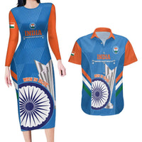 Custom India Cricket Couples Matching Long Sleeve Bodycon Dress and Hawaiian Shirt 2nd Champions World Cup Men In Blue - Wonder Print Shop