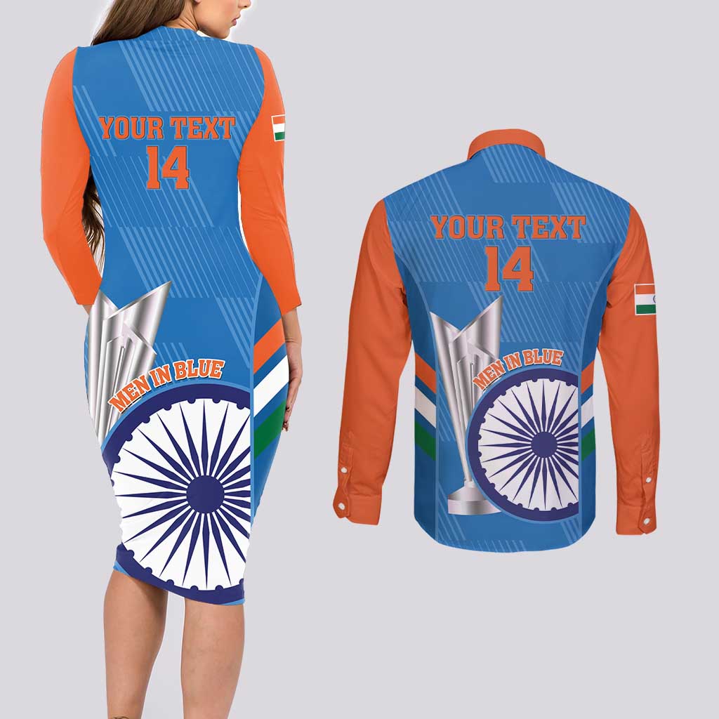 Custom India Cricket Couples Matching Long Sleeve Bodycon Dress and Long Sleeve Button Shirt 2nd Champions World Cup Men In Blue - Wonder Print Shop