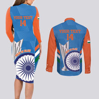 Custom India Cricket Couples Matching Long Sleeve Bodycon Dress and Long Sleeve Button Shirt 2nd Champions World Cup Men In Blue - Wonder Print Shop