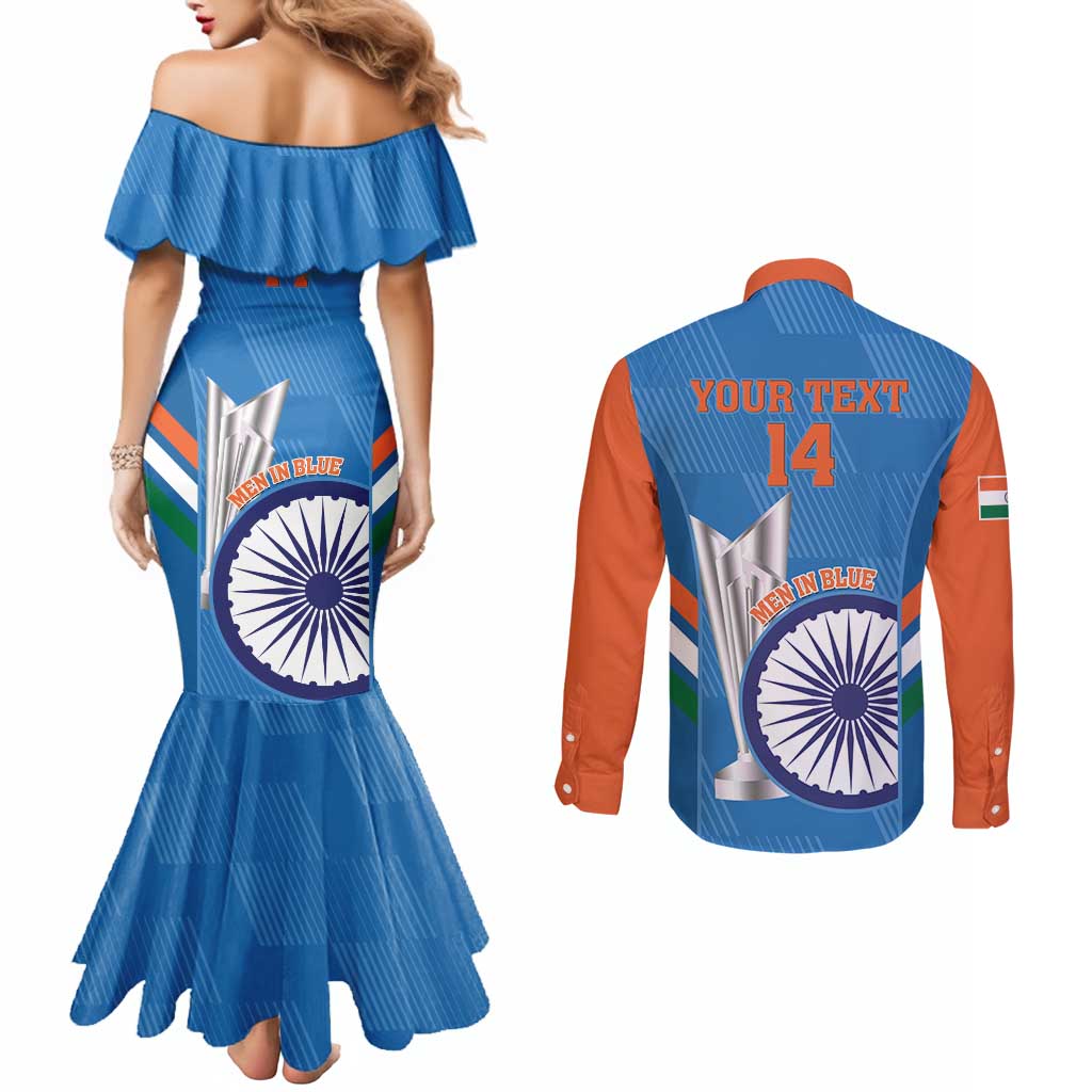 Custom India Cricket Couples Matching Mermaid Dress and Long Sleeve Button Shirt 2nd Champions World Cup Men In Blue