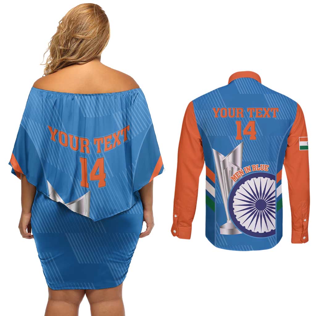 Custom India Cricket Couples Matching Off Shoulder Short Dress and Long Sleeve Button Shirt 2nd Champions World Cup Men In Blue - Wonder Print Shop