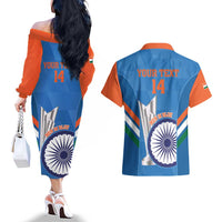 Custom India Cricket Couples Matching Off The Shoulder Long Sleeve Dress and Hawaiian Shirt 2nd Champions World Cup Men In Blue - Wonder Print Shop