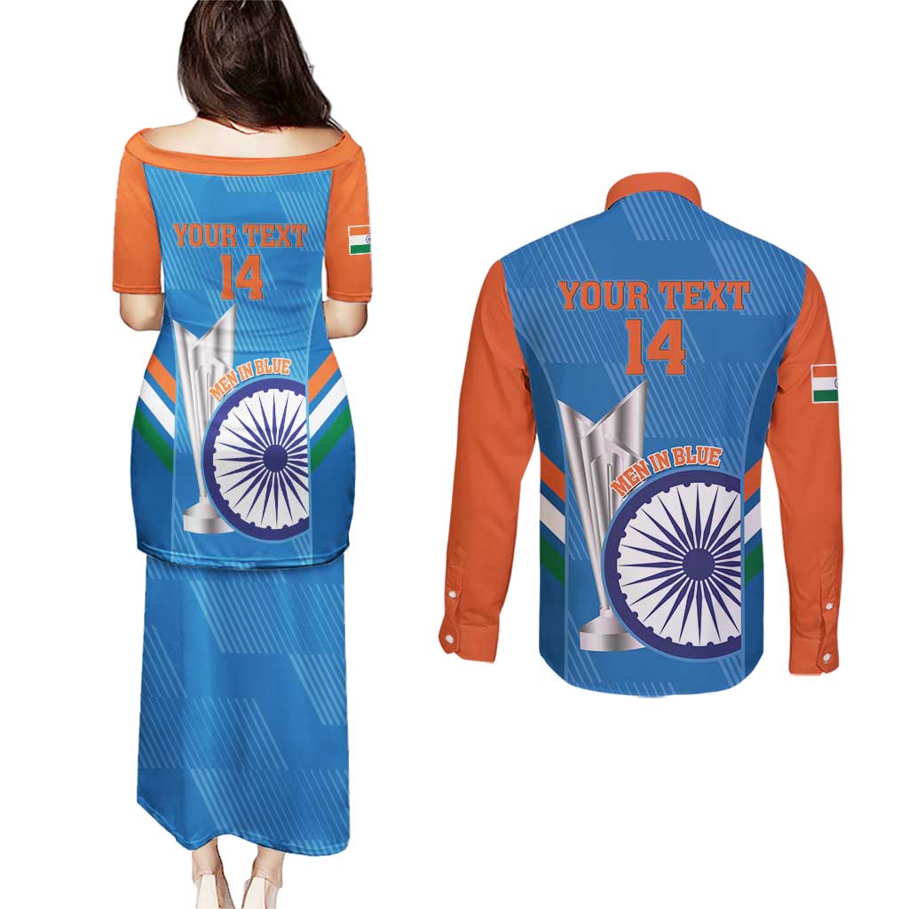 Custom India Cricket Couples Matching Puletasi and Long Sleeve Button Shirt 2nd Champions World Cup Men In Blue - Wonder Print Shop