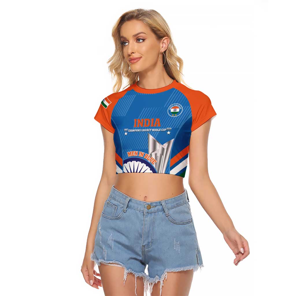 Custom India Cricket Raglan Cropped T Shirt 2nd Champions World Cup Men In Blue - Wonder Print Shop