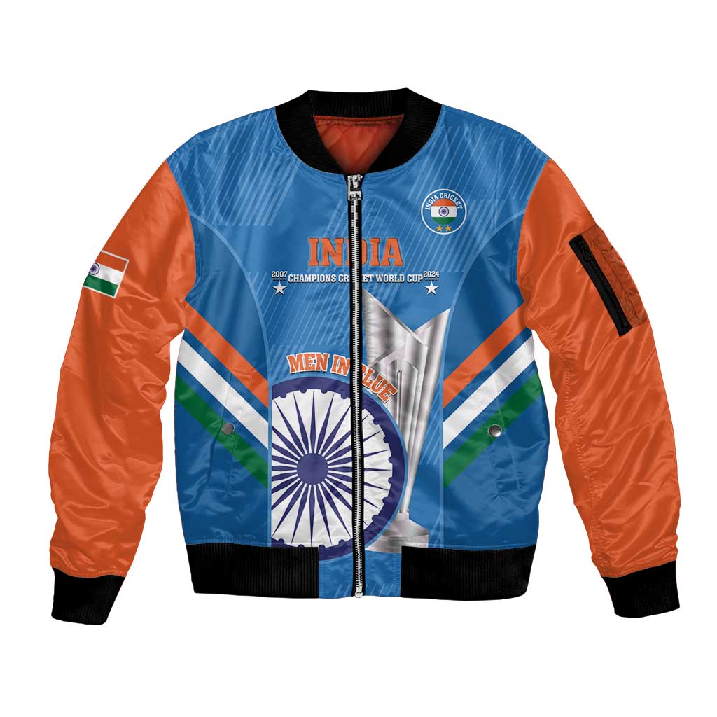 Custom India Cricket Sleeve Zip Bomber Jacket 2nd Champions World Cup Men In Blue - Wonder Print Shop