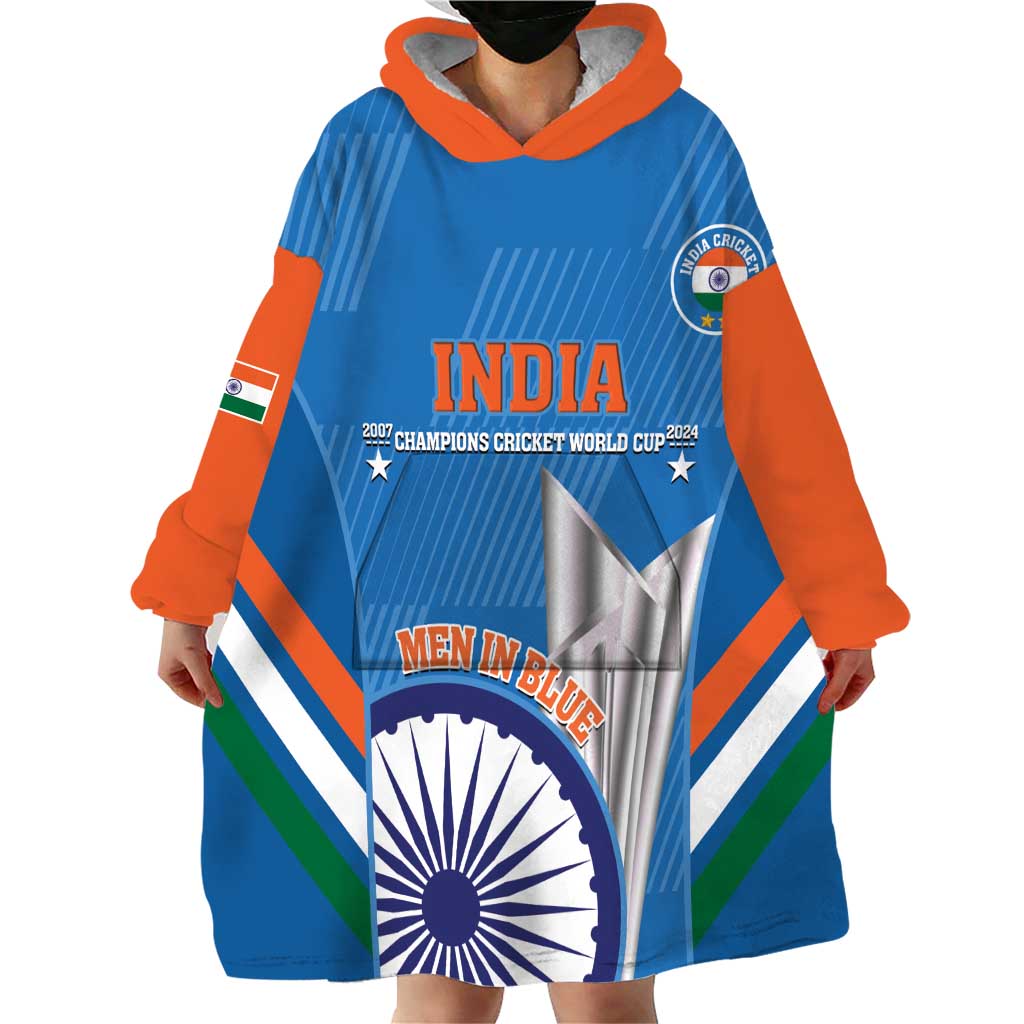 Custom India Cricket Wearable Blanket Hoodie 2nd Champions World Cup Men In Blue - Wonder Print Shop