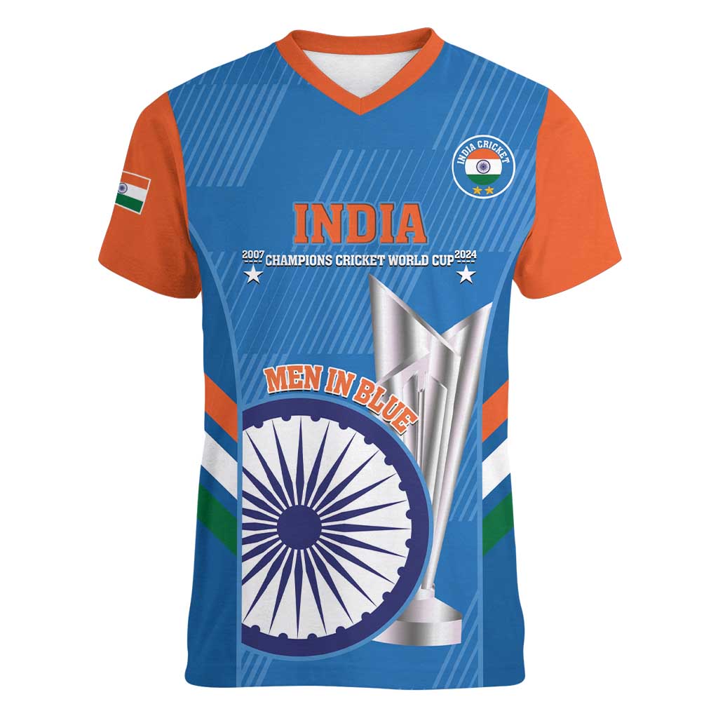 Custom India Cricket Women V-Neck T-Shirt 2nd Champions World Cup Men In Blue - Wonder Print Shop