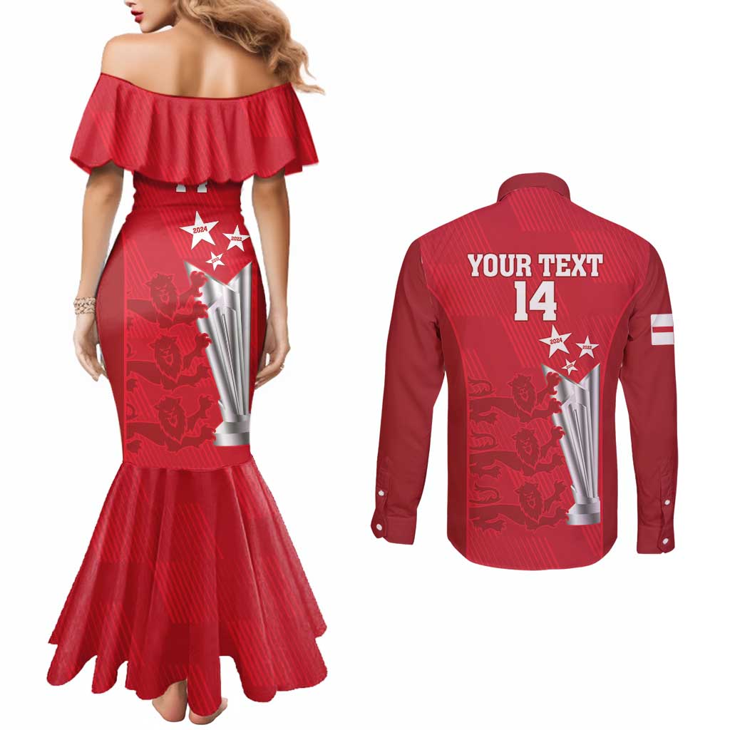 Custom England Cricket Couples Matching Mermaid Dress and Long Sleeve Button Shirt 3rd Champions World Cup Proud