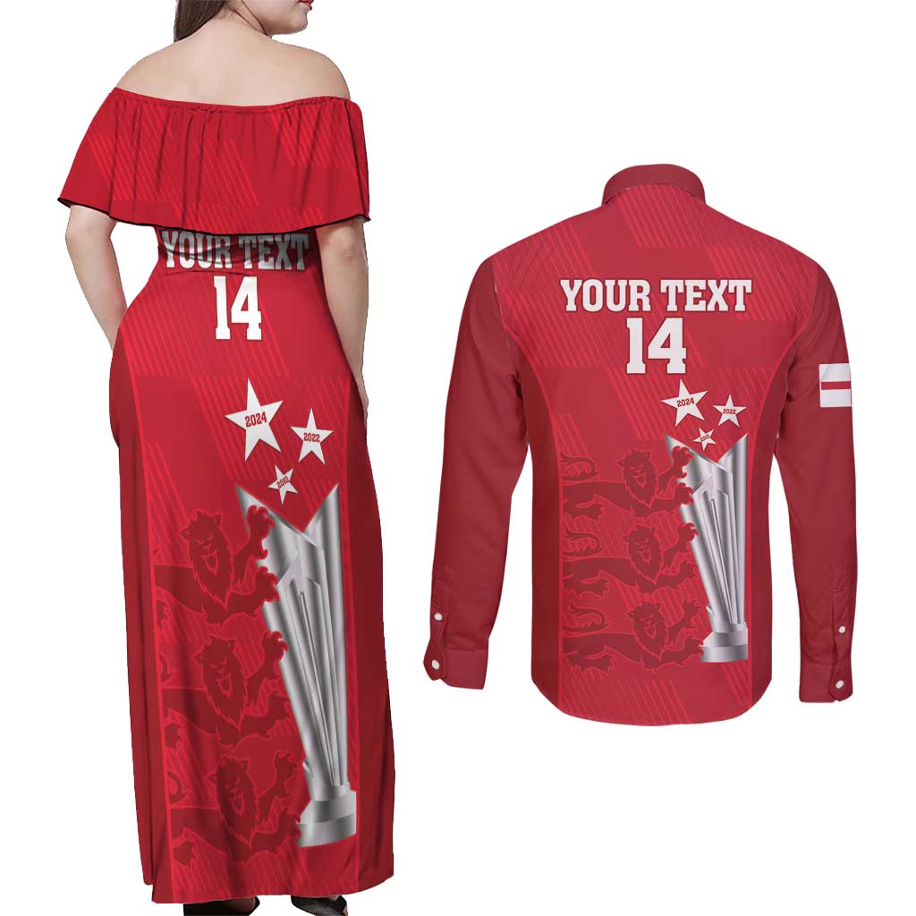 Custom England Cricket Couples Matching Off Shoulder Maxi Dress and Long Sleeve Button Shirt 3rd Champions World Cup Proud - Wonder Print Shop