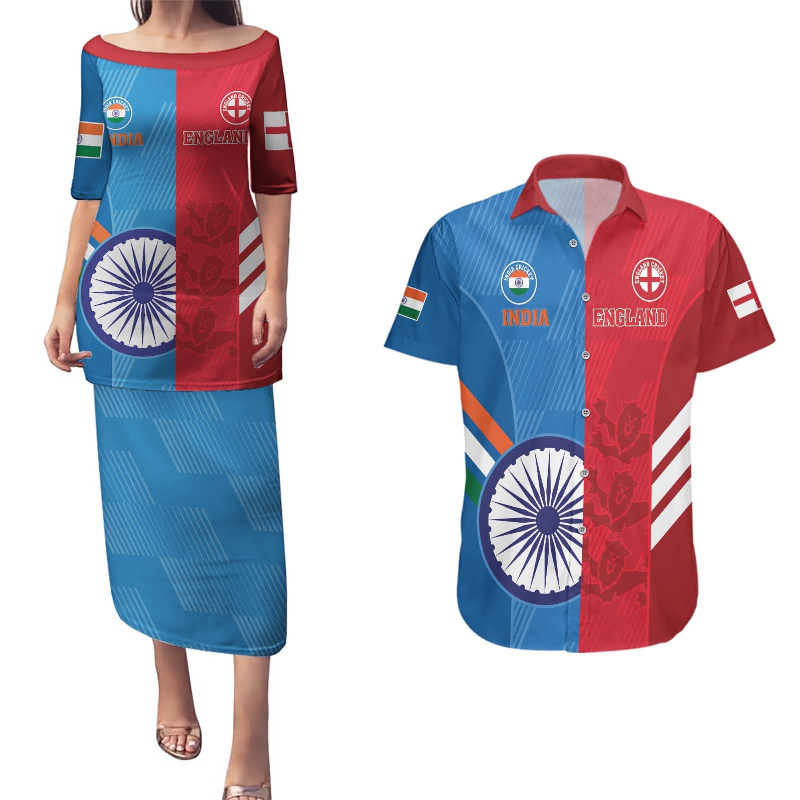 Custom India And England Cricket Couples Matching Puletasi and Hawaiian Shirt 2024 Together Dynamic Version - Wonder Print Shop