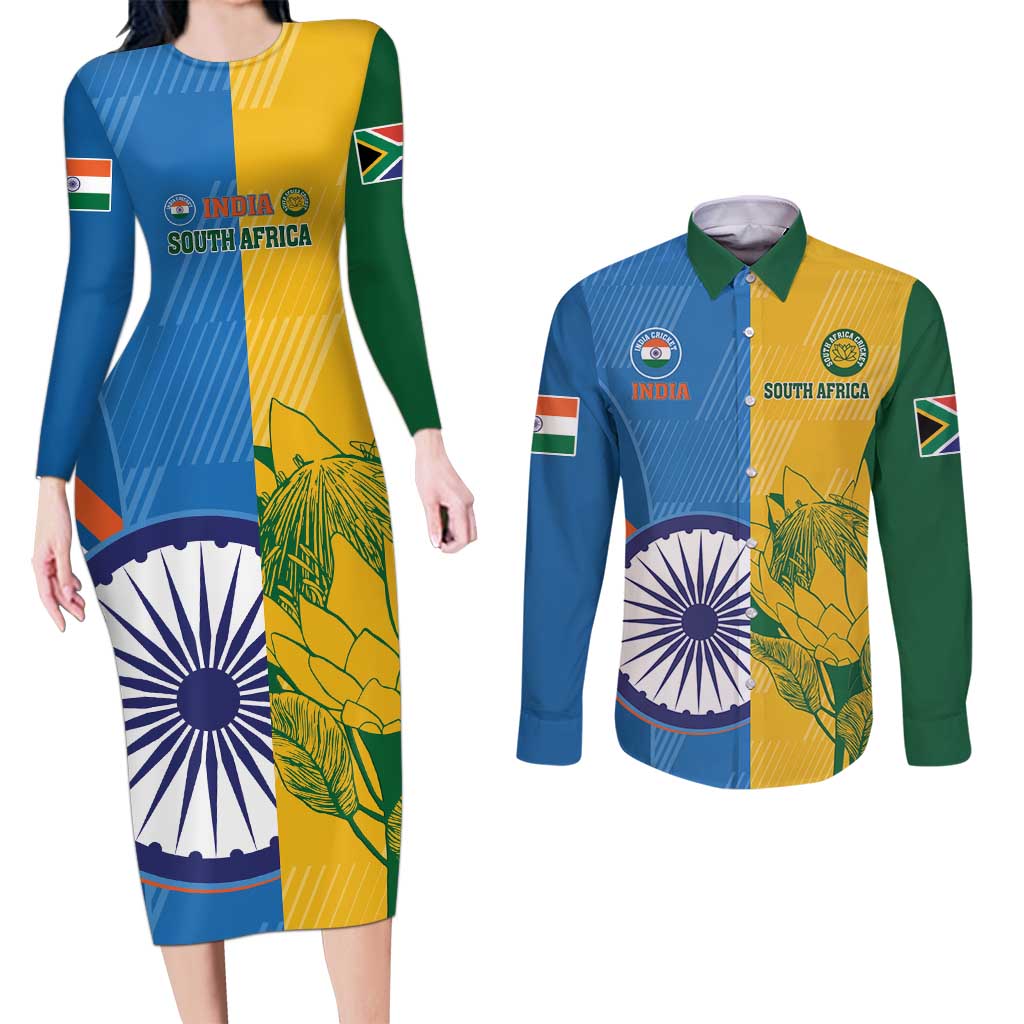 Custom India And South Africa Cricket Couples Matching Long Sleeve Bodycon Dress and Long Sleeve Button Shirt 2024 Together Dynamic Version - Wonder Print Shop