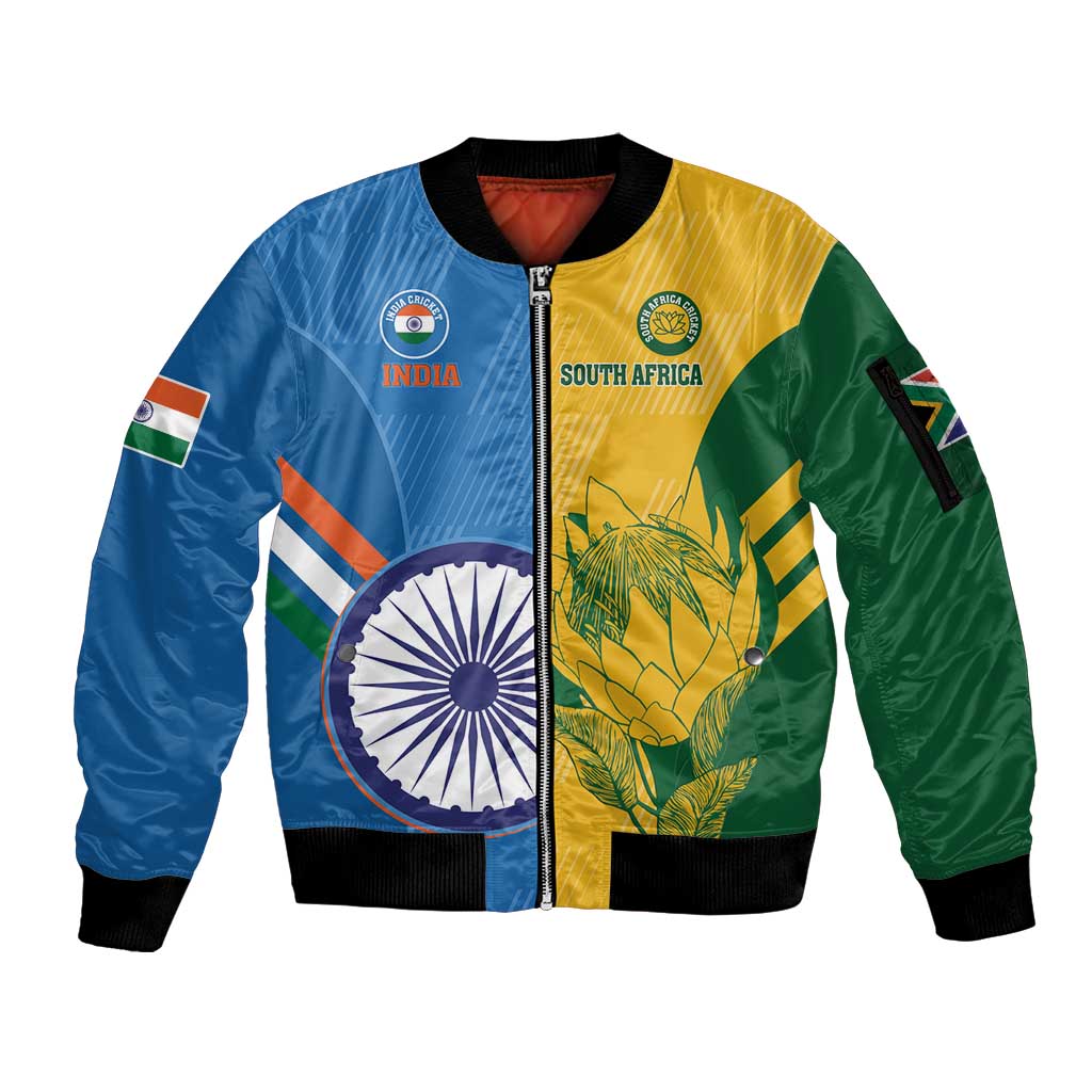 Custom India And South Africa Cricket Sleeve Zip Bomber Jacket 2024 Together Dynamic Version - Wonder Print Shop