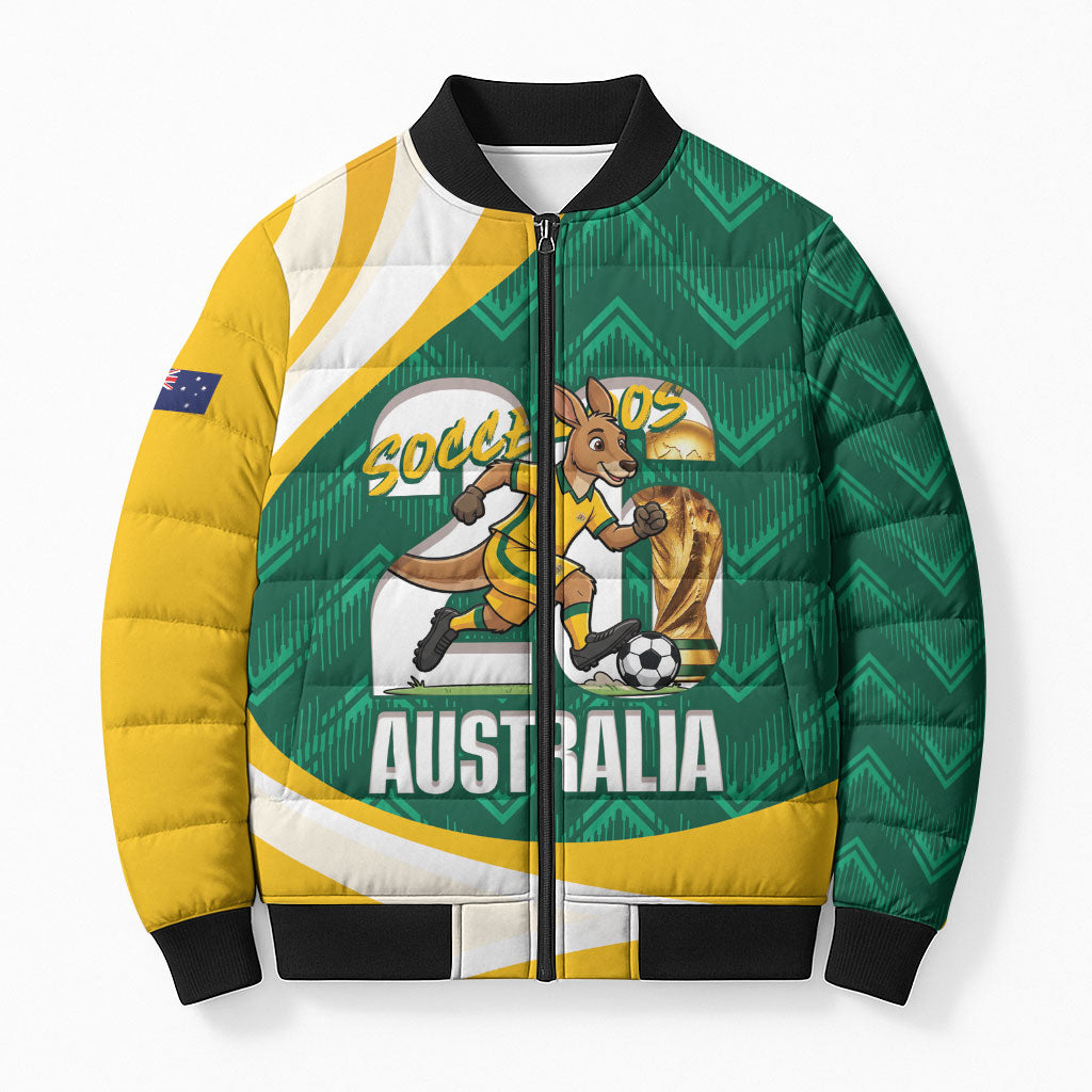 Australia 2026 Soccer Custom Bomber Puffer Jacket Go Socceroos Kangaroo Mascot Green Sporty