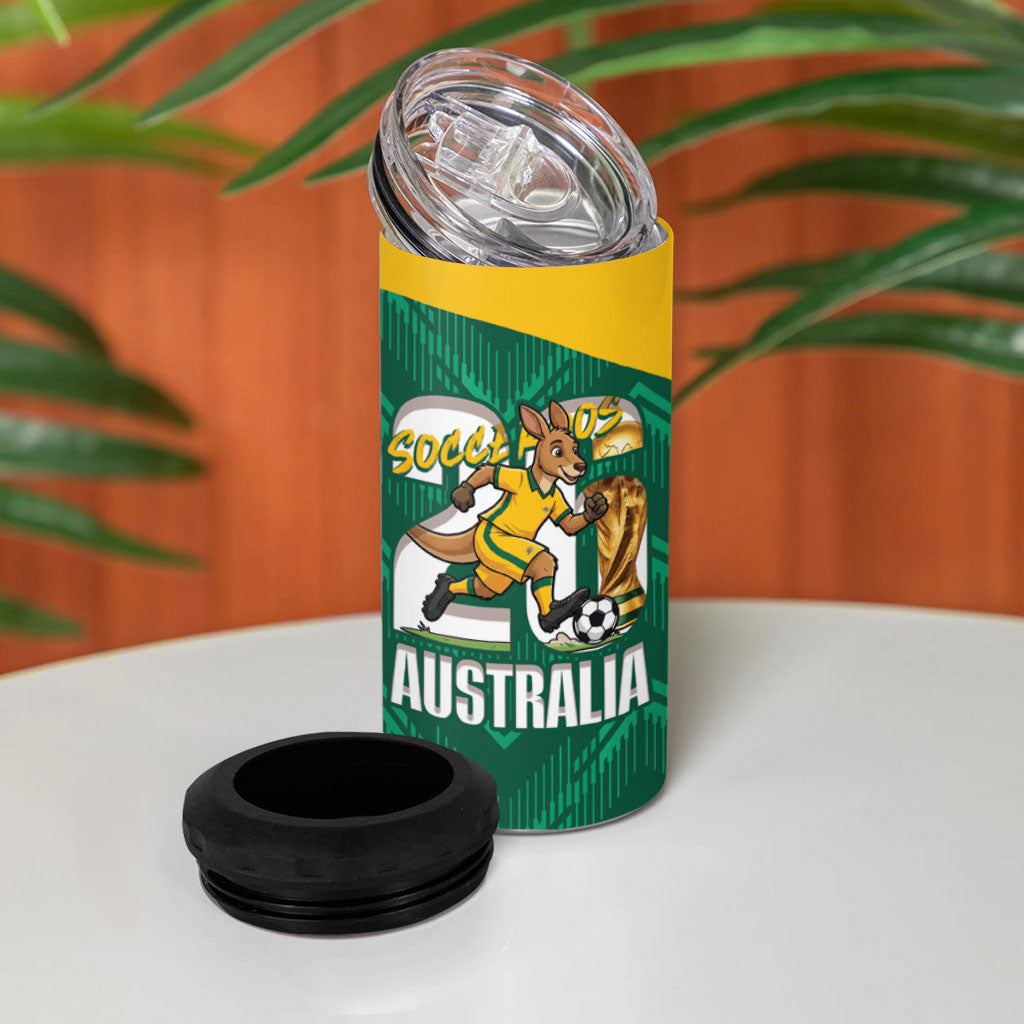Australia 2026 Soccer Custom 4 in 1 Can Cooler Tumbler Go Socceroos Kangaroo Mascot Green Sporty