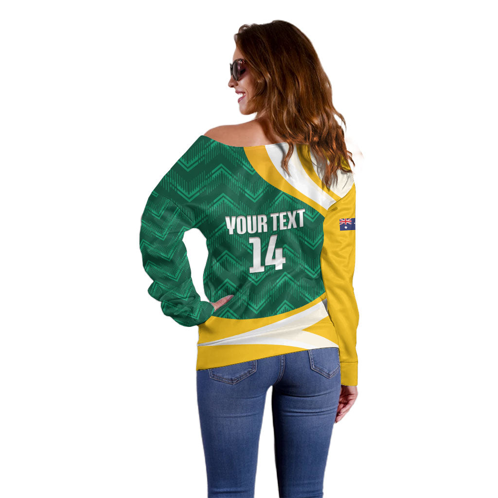 Australia 2026 Soccer Custom Off Shoulder Sweater Go Socceroos Kangaroo Mascot Green Sporty
